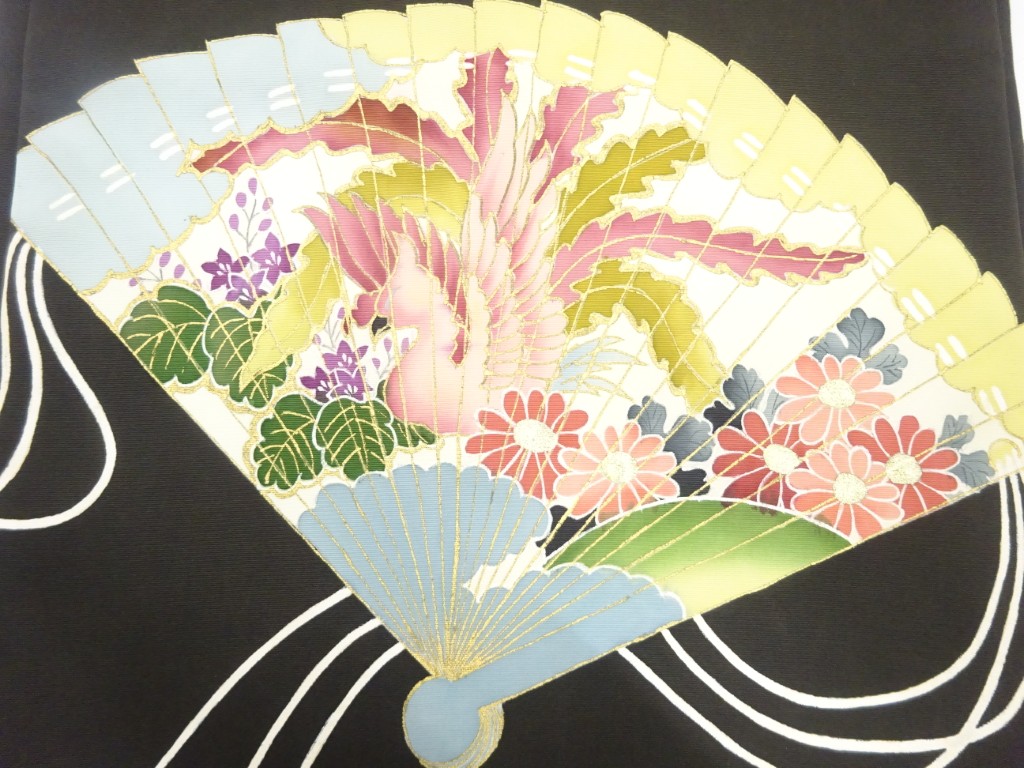 JAPANESE KIMONO / ANTIQUE NAGOYA OBI / SILK / SHIOZE / FOLDING FAN & PHOENIX & PAULOWNIA